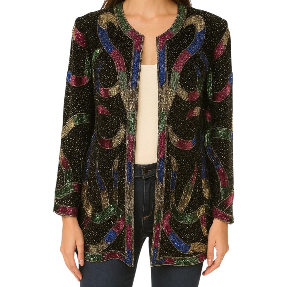 Vintage Scala Beaded Sequin Blazer Jacket Embellished 100% Silk Multicolor 3X